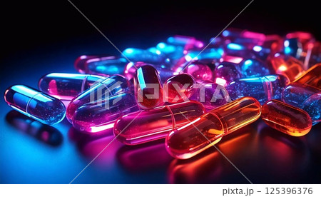 Colorful neon capsules illuminated in soft light on a dark surface Colorful neon capsules illuminated in soft light on a dark surface 125396376