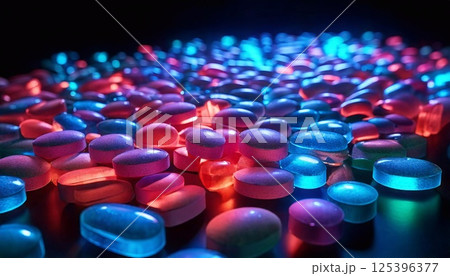 Colorful neon pills scattered on a dark surface create a vibrant visual display Colorful neon pills scattered on a dark surface create a vibrant visual display 125396377
