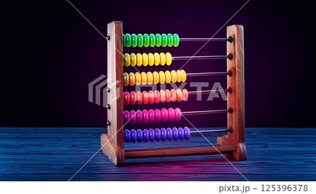 Colorful wooden abacus illuminated with neon lights in a dark setting Colorful wooden abacus illuminated with neon lights in a dark setting 125396378