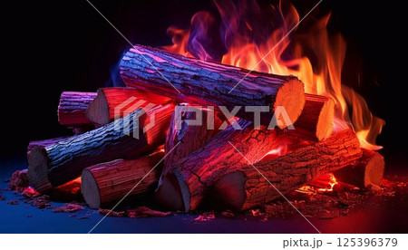 Vivid neon firewood burning brightly in a dark setting Vivid neon firewood burning brightly in a dark setting 125396379