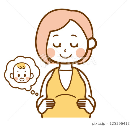 お腹に手を当てて微笑む妊婦さん 125396412