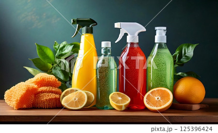 Various cleaning products arranged with fresh fruits and sponges on a wooden surface 125396424