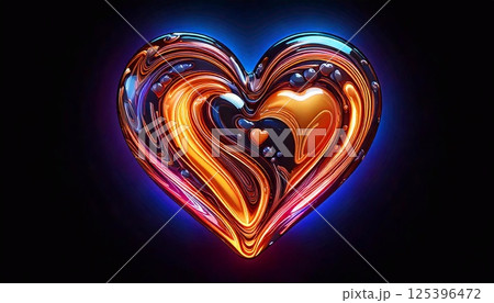 Vibrant heart shaped caramel candy glowing with neon colors in dark background 125396472