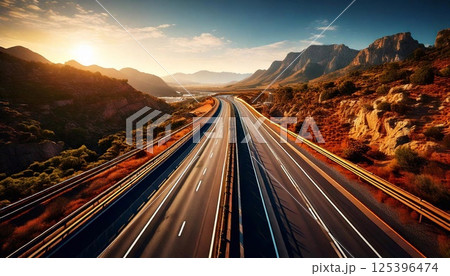 Scenic highway stretches through mountains during sunset in a beautiful landscape 125396474