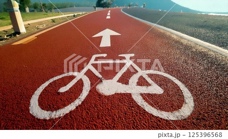 Bicycle lane marking with directional sign on a sunny day in a scenic location Bicycle lane marking with directional sign on a sunny day in a scenic location 125396568