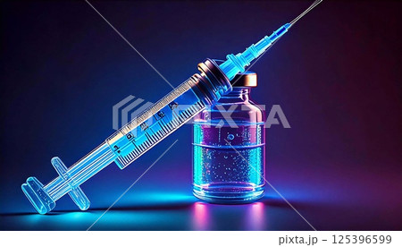 Neon vaccine with syringe illuminated in vibrant colors for health themes 125396599