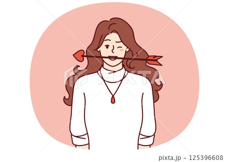 Woman in love with cupid arrow in mouth wants to seduce liked man or congratulate on valentine day 125396608