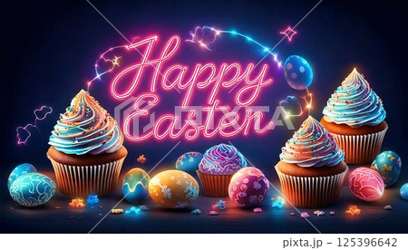 Colorful Easter celebration with neon eggs and festive cupcakes showcasing joy and creativity 125396642