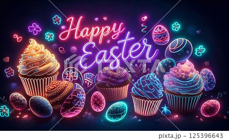 Colorful neon Easter celebration featuring cupcakes and decorated eggs in vibrant background 125396643