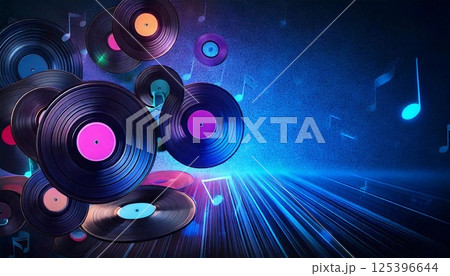 Vibrant records and neon notes create an electric atmosphere in a music-themed environment 125396644
