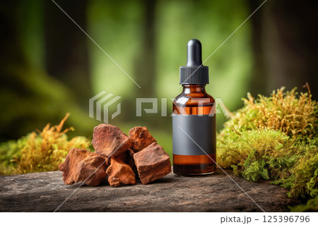 Chaga mushroom chunks on mossy wood next to an amber dropper bottle with antioxidant serum, known for immune support and anti-aging benefits. 125396796
