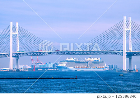 日本の横浜都市景観“超弩級豪華客船”アンセム・オブ・ザ・シーズが初入港＝24日、大黒ふ頭 125396840