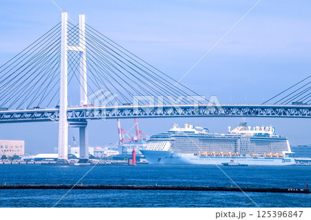 日本の横浜都市景観“超弩級豪華客船”アンセム・オブ・ザ・シーズが初入港＝24日、大黒ふ頭 125396847
