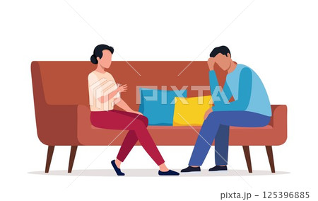 People sit on the couch and talk about something. Conversation between man and woman sitting on the sofa. Female listening to her guest story-telling. Vector illustration. 125396885