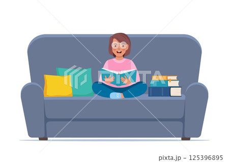 Girl sitting on the couch and reading book. Knowledge, creativity, discoveries. Vector illustration. Girl sitting on the couch and reading book. Knowledge, creativity, discoveries. Vector illustration. 125396895