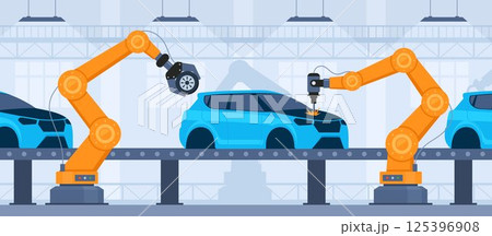 Process of automated car production. Wehicle parts on the machinery line with robotic hands. Assembly line at an automobile factory. Vector illustration. Process of automated car production. Wehicle parts on the machinery line with robotic hands. Assembly line at an automobile factory. Vector illustration. 125396908