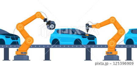 Process of automated car production. Wehicle parts on the machinery line with robotic hands. Assembly line at an automobile factory. Vector illustration. 125396909