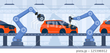 Process of automated car production. Wehicle parts on the machinery line with robotic hands. Assembly line at an automobile factory. Vector illustration. 125396912