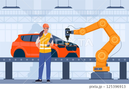 Process of automated car production. Machinery line with robotic hands. Engineer in orange vest and protective helmet controls the process. Assembly line at an automobile factory. Vector illustration. 125396913