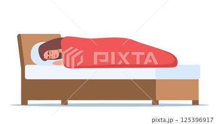 Woman sleeping. Girl lies on bed under blanket at night, comfortable sleep time at home. Healthy lifestyle concept of relax, calm. Vector illustration. 125396917