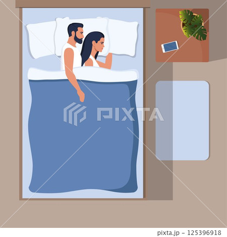 Love couple sleeping, embracing, hugging at night. Family asleep, lying in bed, top view. Happy man and woman cuddling, dreaming together. Vector illustration. 125396918