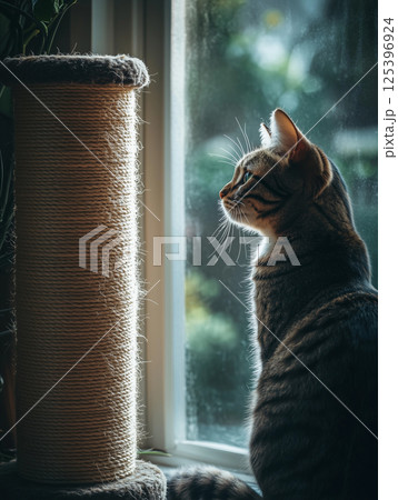 Cat enjoys a quiet moment indoors while owner sets up a cozy nook by the window on a sunny afternoon 125396924