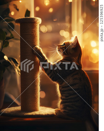 Cat enjoys a peaceful moment while owner prepares cozy evening atmosphere at home with warm lighting 125396925