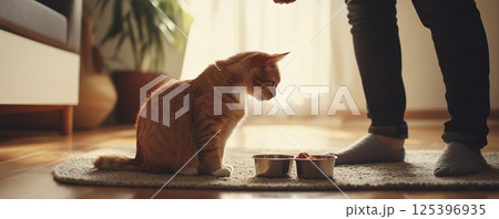 Cat enjoys treat while owner watches in cozy indoor setting during sunny afternoon light 125396935