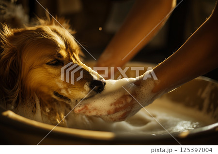 Dog enjoys a warm soapy paw soak in a cozy setting during a relaxing afternoon Dog enjoys a warm soapy paw soak in a cozy setting during a relaxing afternoon 125397004
