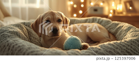 Happy dog relaxes in cozy bed with toy ball beside it in softly lit room during evening hours Happy dog relaxes in cozy bed with toy ball beside it in softly lit room during evening hours 125397006