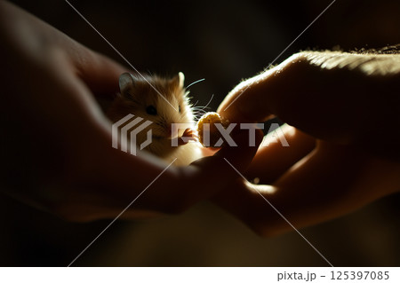 Tiny hamster delicately grasps a treat held by its owner in warm light during a cozy afternoon 125397085