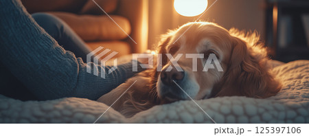 Golden retriever enjoys comfort in its cozy bed while wagging its tail in a warm and inviting living room during the evening hours 125397106