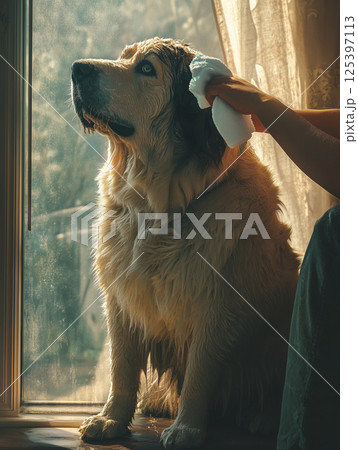 Large dog enjoys grooming by its owner while resting by the window in a cozy home setting during the afternoon sun 125397113