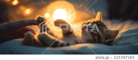Small kitten plays with owner under warm light in cozy indoor setting 125397165