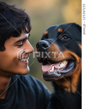 Young man enjoys playful moment with his smiling Rottweiler during sunny afternoon walk in the park 125397235