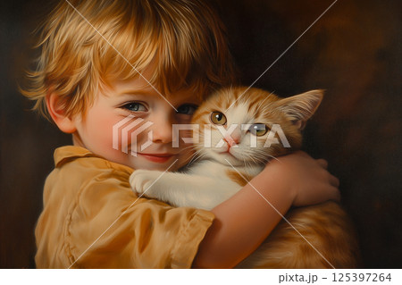 Delight of a little boy as he hugs his clean, affectionate tabby cat in a cozy, warm setting during a sunny afternoon 125397264