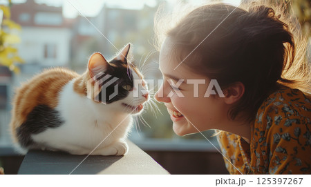 Delighted teenage girl interacts joyfully with her well groomed cat at sunset on a warm afternoon in a cozy outdoor setting Delighted teenage girl interacts joyfully with her well groomed cat at sunset on a warm afternoon in a cozy outdoor setting 125397267