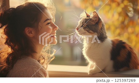 Delighted teenage girl interacts with her well groomed cat at sunset in a cozy home setting Delighted teenage girl interacts with her well groomed cat at sunset in a cozy home setting 125397269