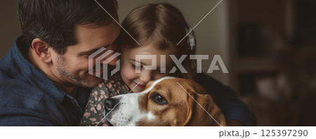Father shares a tender moment with his daughter and their dog at home in a cozy setting 125397290