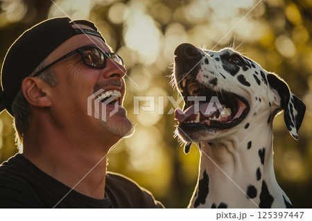 Loving father enjoys joyful moment with his Dalmatian at sunset in a serene park setting 125397447