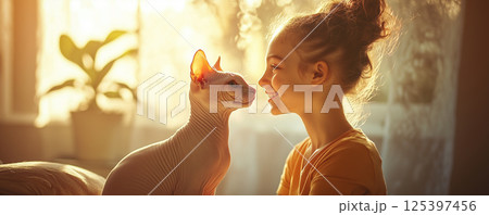 Joyful teenage girl bonding with her Sphynx cat in warm sunlight at home during afternoon Joyful teenage girl bonding with her Sphynx cat in warm sunlight at home during afternoon 125397456