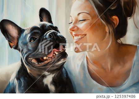Smiling woman enjoys intimate moment with elegant French bulldog in cozy indoor setting 125397486
