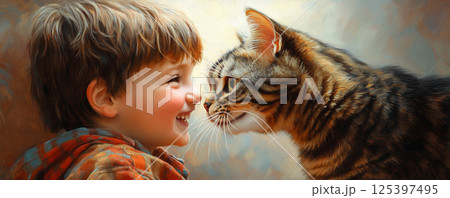 Spirited little boy shares a joyful moment with a friendly cat in a warm and vibrant setting Spirited little boy shares a joyful moment with a friendly cat in a warm and vibrant setting 125397495
