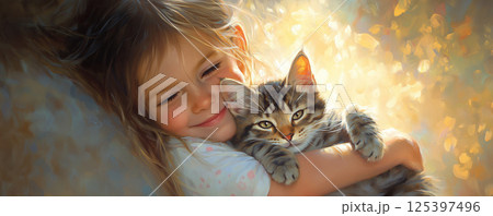 Sweet little girl lovingly embraces her adorable tabby cat in a warm, sunlit setting Sweet little girl lovingly embraces her adorable tabby cat in a warm, sunlit setting 125397496