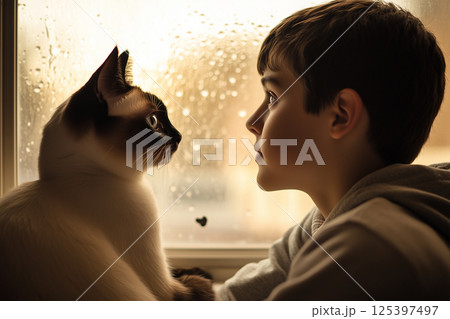 Sweet teenage boy gazes thoughtfully at his Siamese cat while sitting by a rain soaked window in a cozy room 125397497