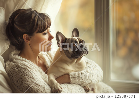 Woman enjoying a quiet moment with her French bulldog while sitting by a window on a cozy afternoon 125397571