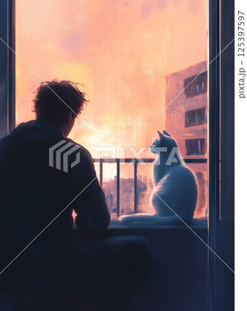 Young man sits quietly with his pristine cat overlooking a colorful sunset from a balcony in a serene urban setting 125397597