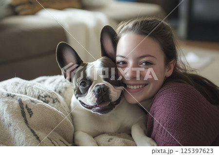 Young woman smiles with joy while cuddling her playful dog inside a cozy living room 125397623
