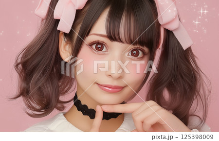 病みかわ系ツインテール女子のプリクラ風ポートレート 125398009