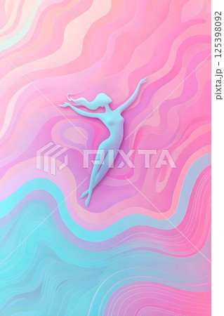 A fluid female figure floats in a dreamy landscape of pink, purple, and aqua waves, evoking freedom and serenity in a surreal, layered abstract style. 125398092
